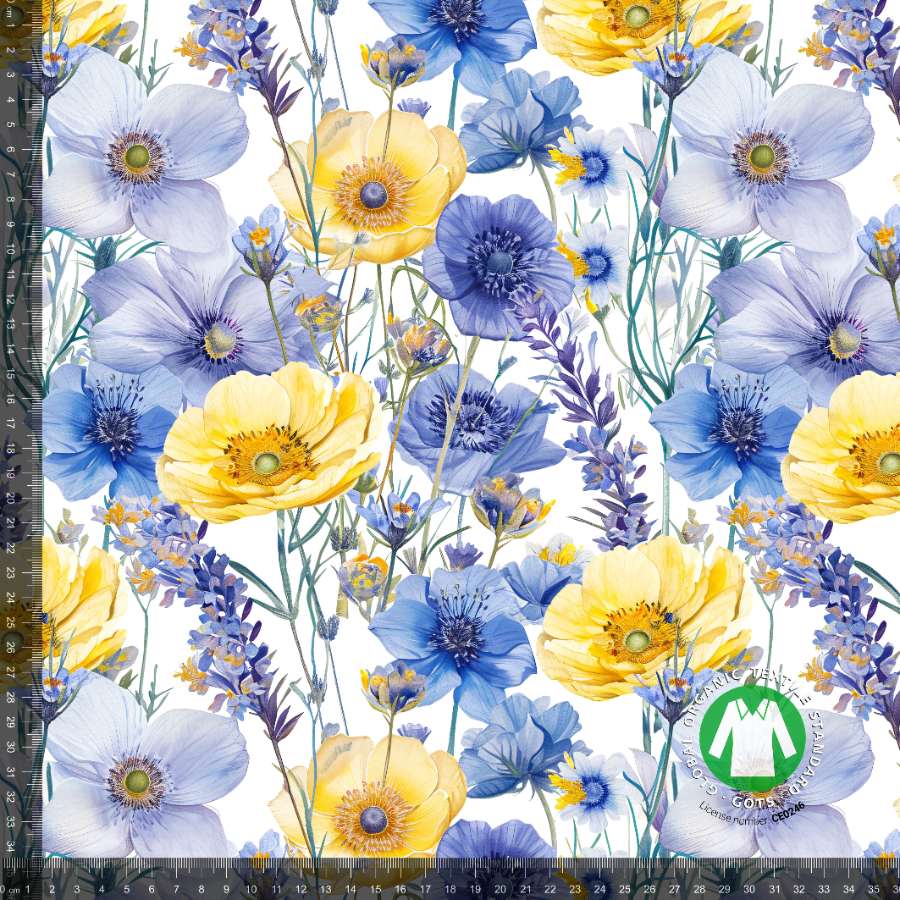 Jerseyprint med blå og gule blomster