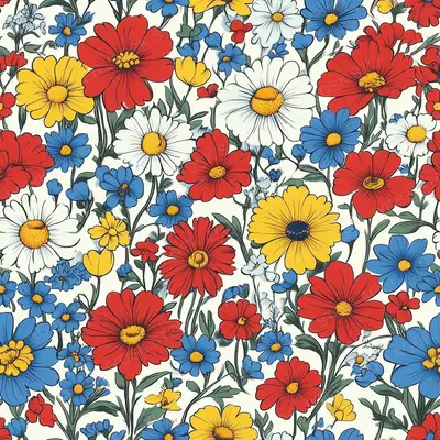 Vibrant Pattern of Cartoon Flowers in Red and Yel