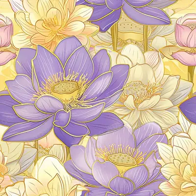 Bright Lotus Flowers in Shades of Lavender and Pa 1