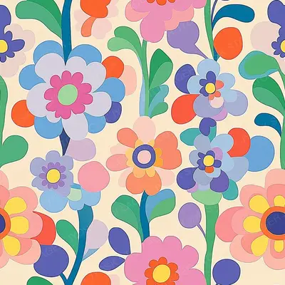 Colorful Retro Groovy Flowers in Pastel Colors Seam