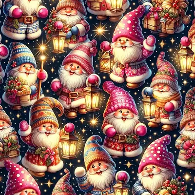 Pattern of Jolly Christmas Gnomes Holding Lanterns,