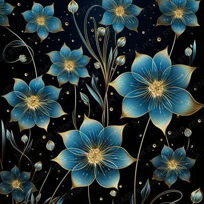 Gold Outlined Blue Flowers in the Dark W