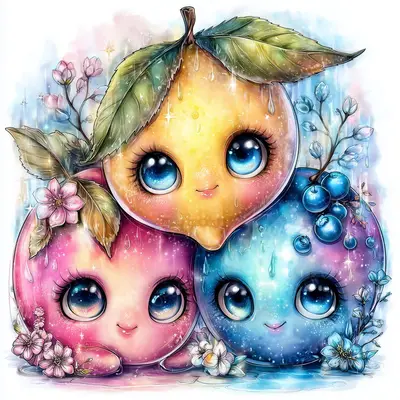 Trio of Chibi Fruit Characters--Lemon with Leaf