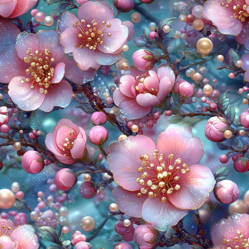 Beautiful Floral Pattern of Cherry Blossoms and P