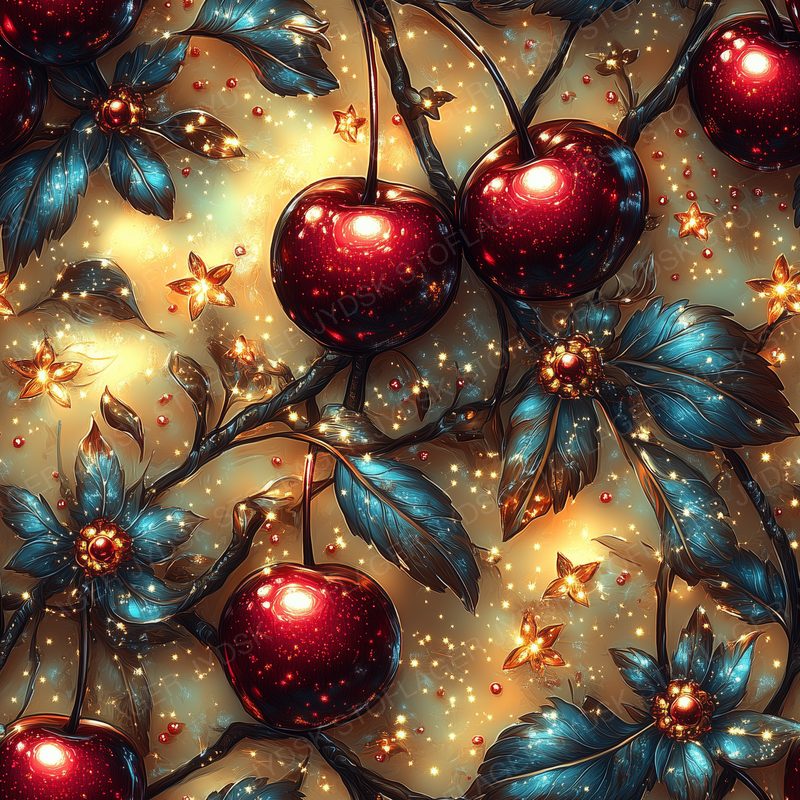 Of Metallic Red Cherries with Leaves