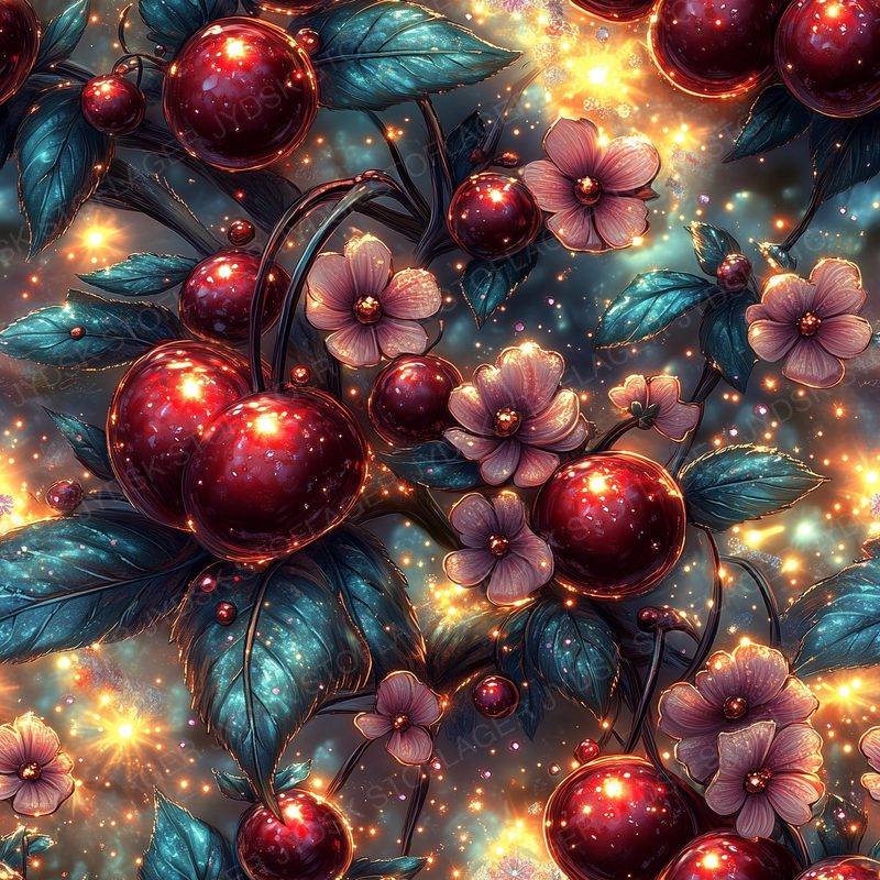 Of Metallic Red Cherries with Leaves