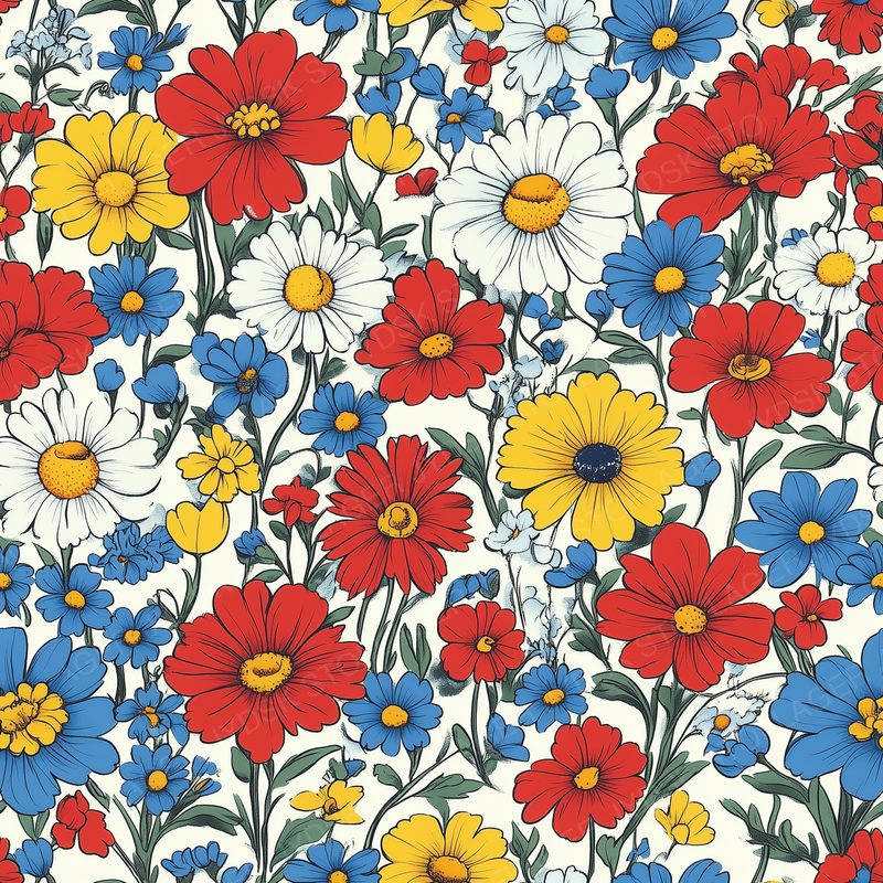 Vibrant Pattern of Cartoon Flowers in Red and Yel