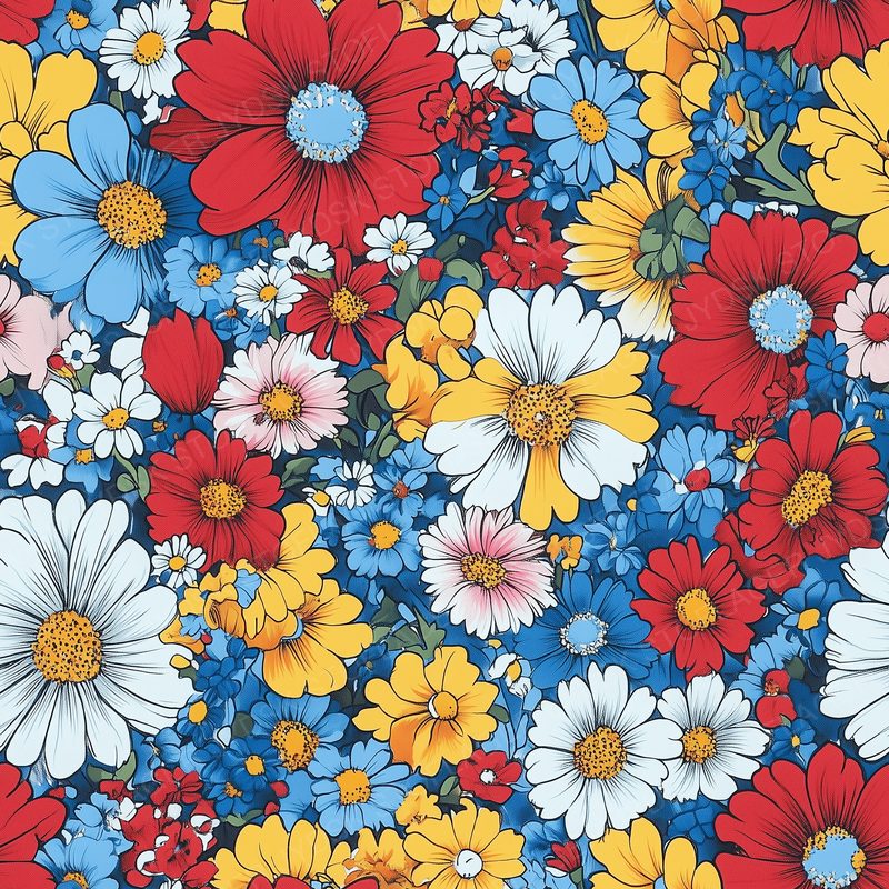 Vibrant Pattern of Cartoon Flowers in Red and Yel