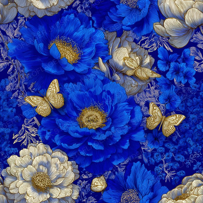Botanical Night Garden Large Cobalt-Blue Flowers Wi