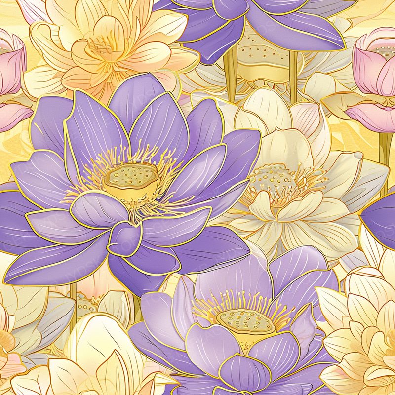 Bright Lotus Flowers in Shades of Lavender and Pa 1