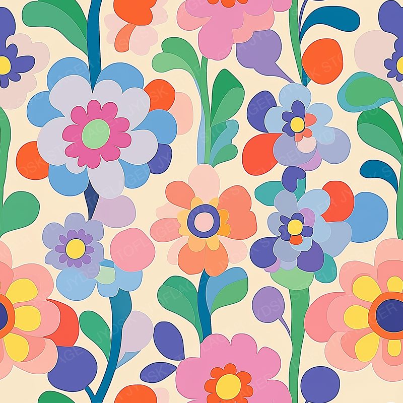 Colorful Retro Groovy Flowers in Pastel Colors Seam