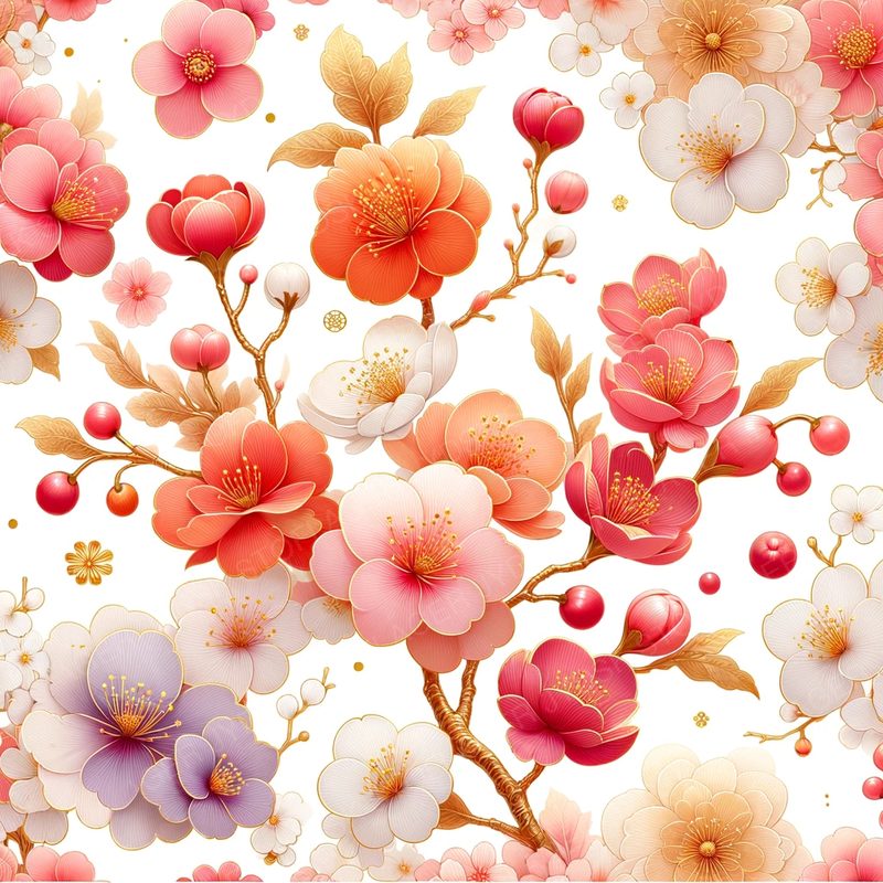 Pattern of Lively Cherry Blossoms and Asian Flowers,