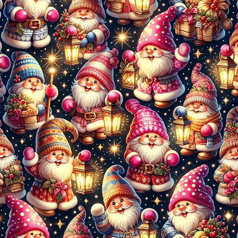 Pattern of Jolly Christmas Gnomes Holding Lanterns,
