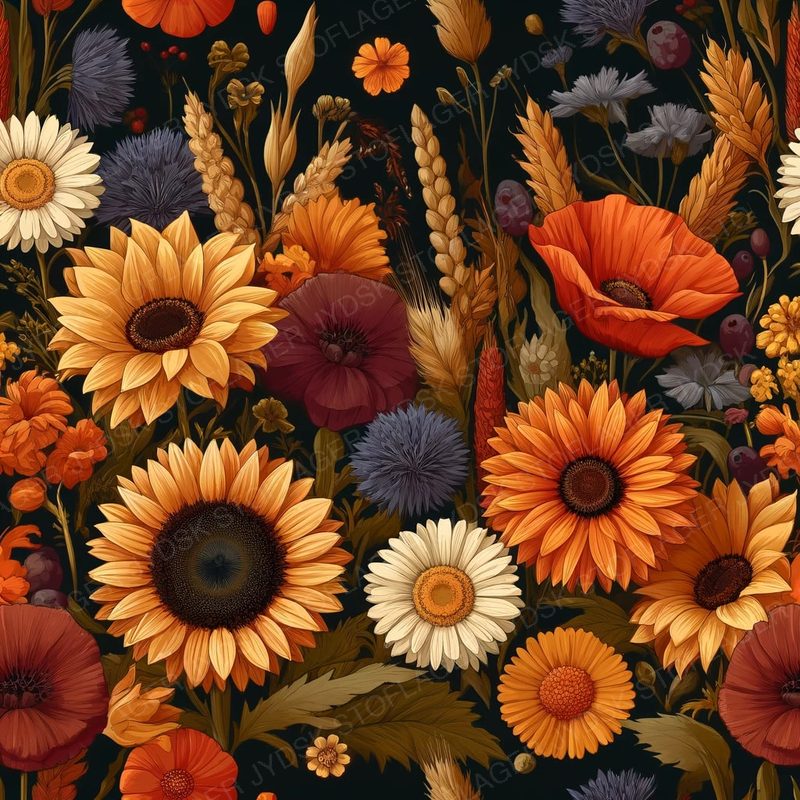 Seamless Floral Pattern Featuring Various Flowers Such