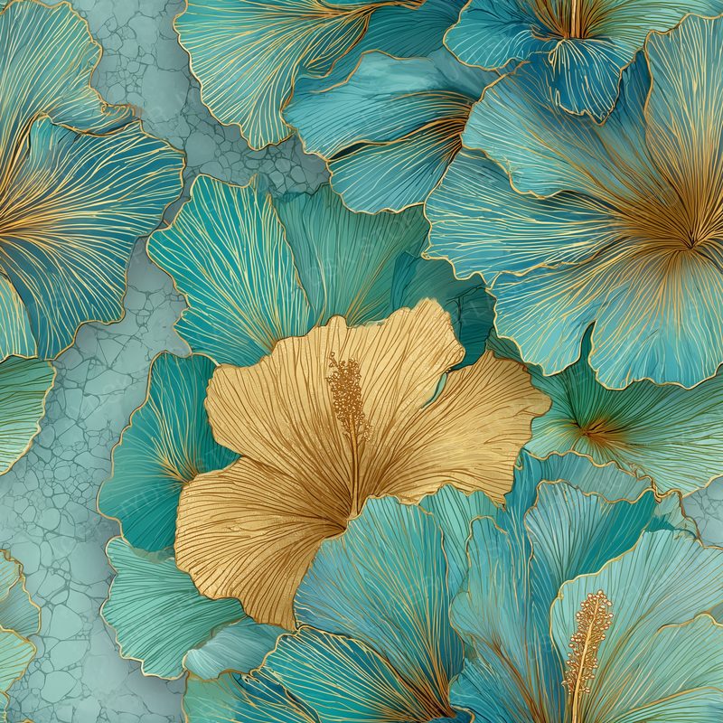 Delicate Gold Hibiscus Contour Lines on Fresh Seafo