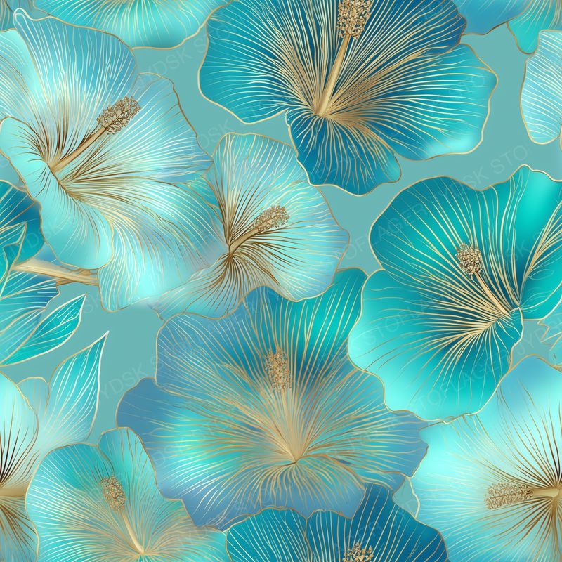 Gold Hibiscus Outline Mint Colored on Vibrant Sky-A