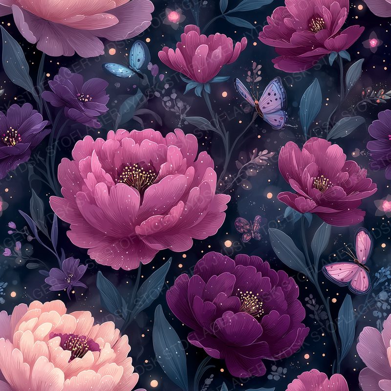 Lush Midnight Garden of Layered Peony and Hibiscus