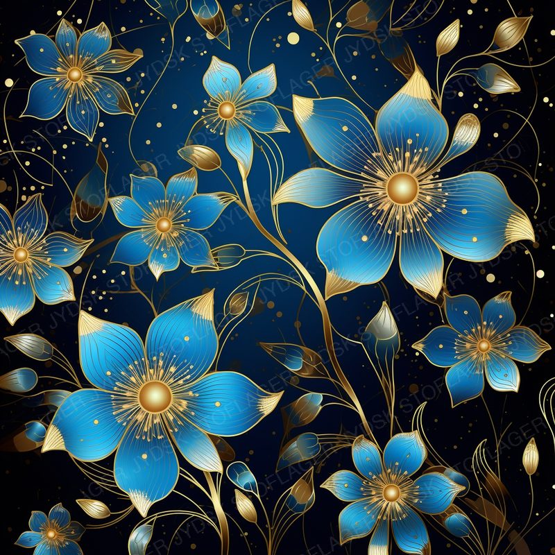 Gold Outlined Blue Flowers in the Dark W