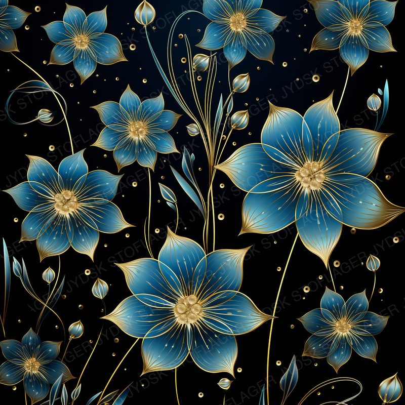 Gold Outlined Blue Flowers in the Dark W