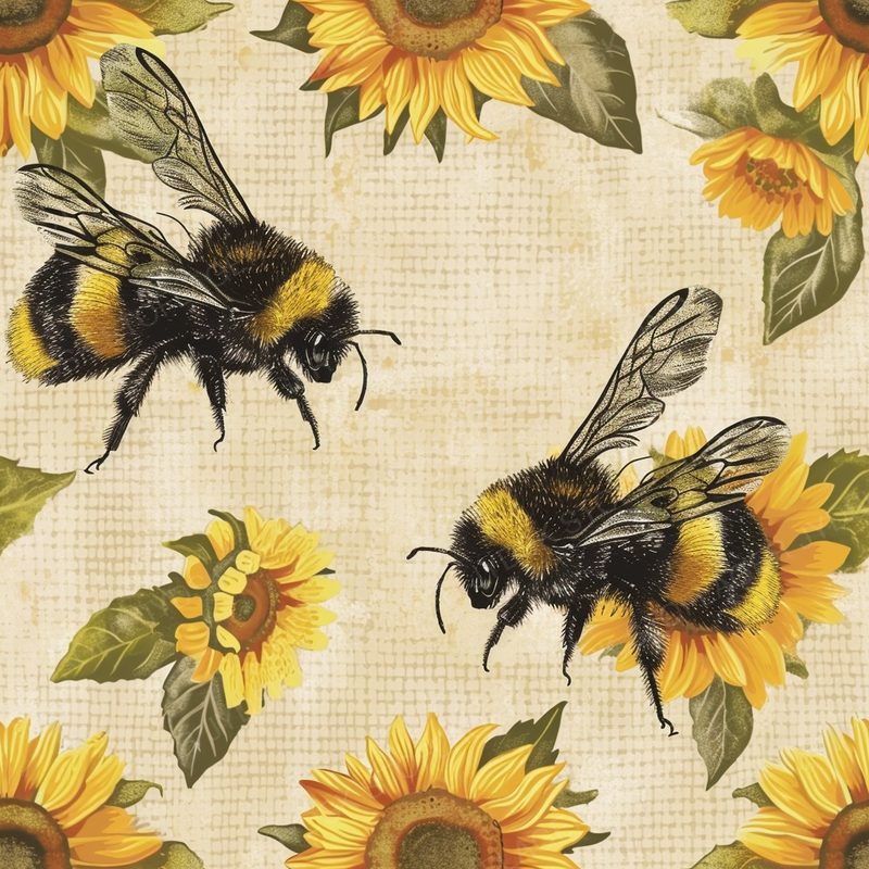Rustic Vintage Small Bumblebees with Sunflowers --T