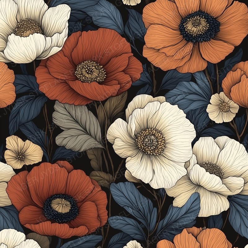 Floral Pattern Vintage Peonies Poppies