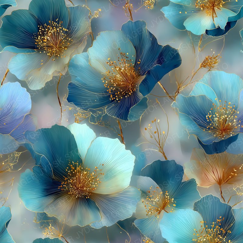 Semi-Transparent Watercolor Blue Poppies Layered Ov