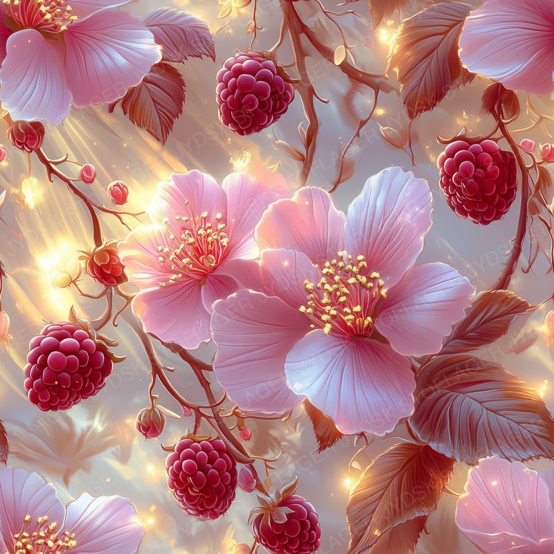 Subtle Pink Flowers and Raspberries Golden Rays