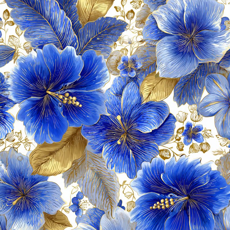 Tanjacherk Blue and White Tropical Flowers with Golden