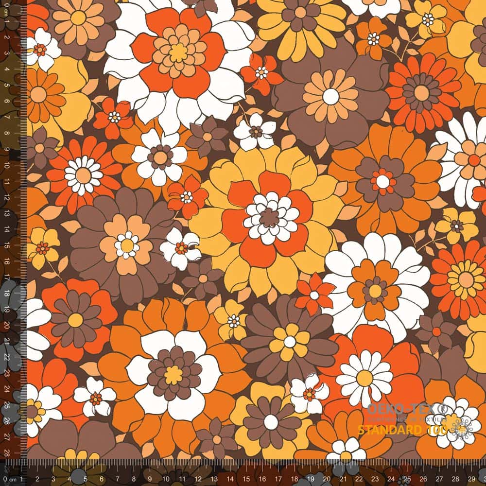 Jersey med blomster - orange/brun - Jydsk Stoflager