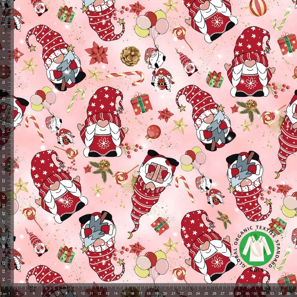 Jersey print med julenisser - lyserød (GOTS)