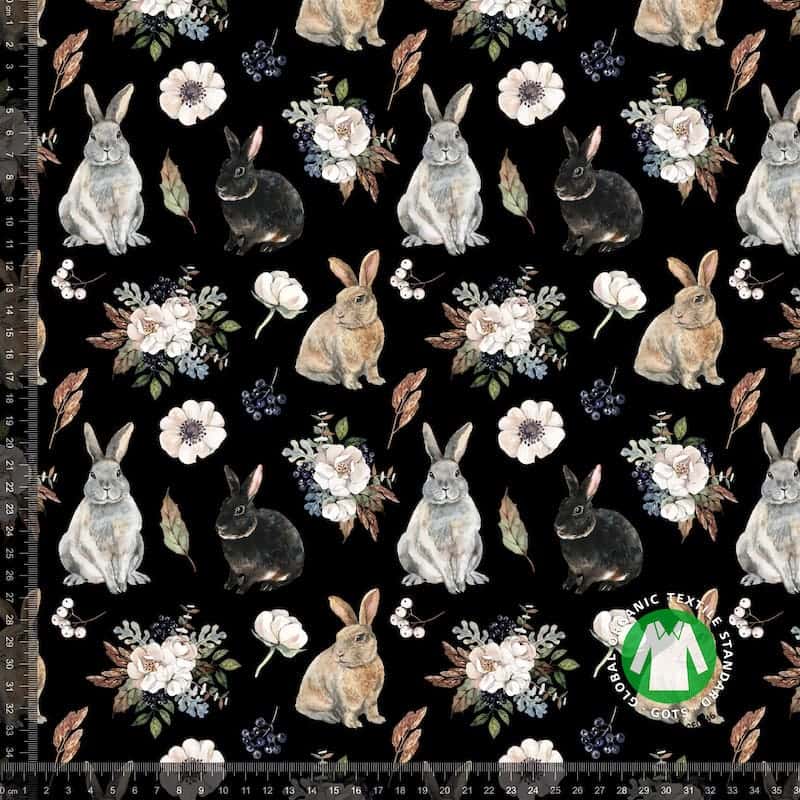 Jersey print med søde kaniner & blomster - sort