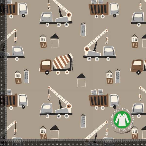 Printed cotton jersey with cute machines in grey