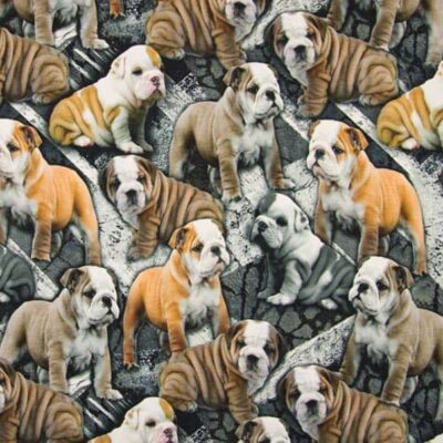Grumpy Dogs digiprintti jersey englanninbulldoggi-kuosilla ruskeissa sävyissä, 220 g/m², Oeko-Tex 100 -- Jydsk Stoflager