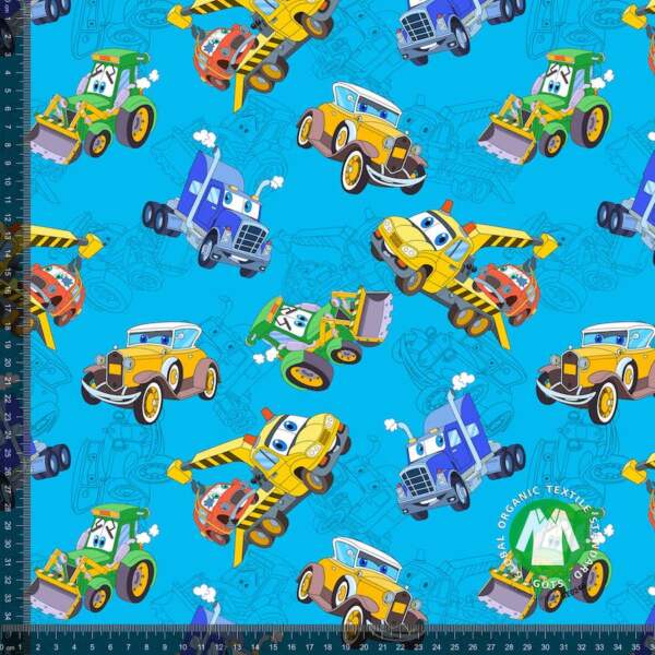 Printed jersey with cute machines in blue -- digital print jersey 200 g/m²