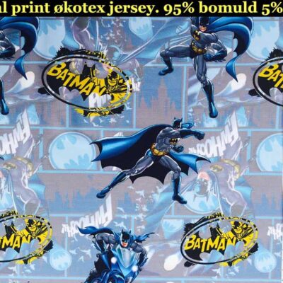 Batman licensprint jersey stof i grå og blå – Jydsk Stoflager