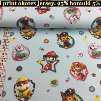 Paw Patrol lyseblå licensprint jersey stof til børnetøj – Oekotex 100 certificeret