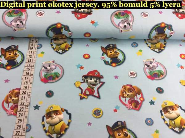 Paw Patrol light blue licensed print jersey fabric for kids – Oeko-Tex 100 certified
