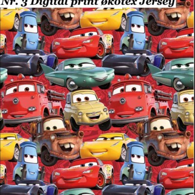 Cars licensed print jersey fabric on red base for children’s clothing -- Jydsk Stoflager