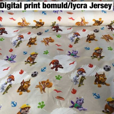 Paw Patrol licensprint jersey stof på beige bund – Jydsk Stoflager