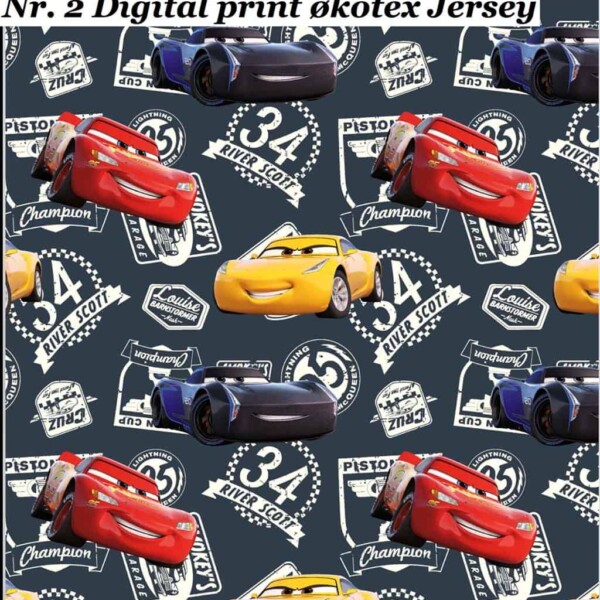 Cars River Scott licensed print jersey fabric on navy base for boys’ clothing – Jydsk Stoflager