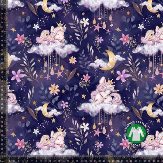 Jersey print med enhjørninger & blomster - navy