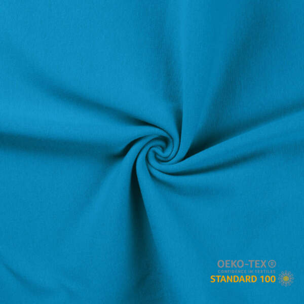 Turquoise circular knitted rib fabric in tubular form