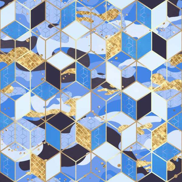 Jersey print med guld og geometri blå - digitalprint jersey stof