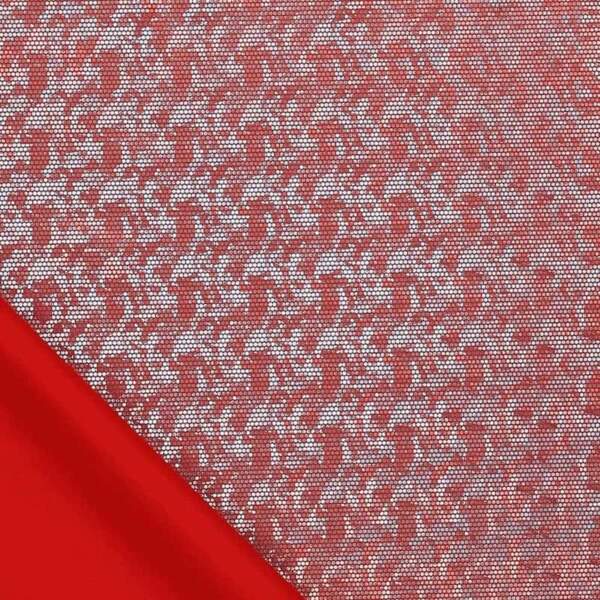 Detail of red foil surface on jersey, 210 g/m²