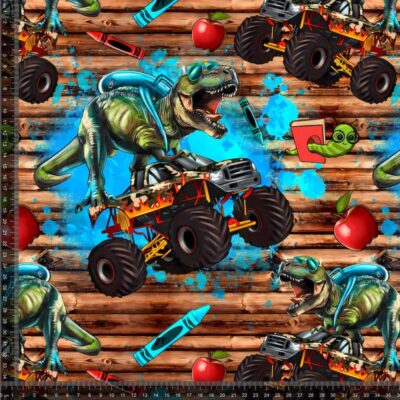 Printed cotton jersey fabric with dinosaur and Monster trucks digital print