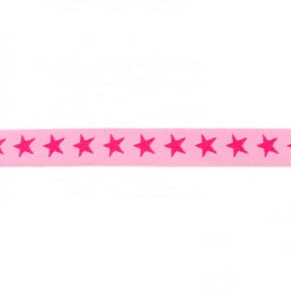 Elastik med stjerner 20mm lys pink 2 cm bred