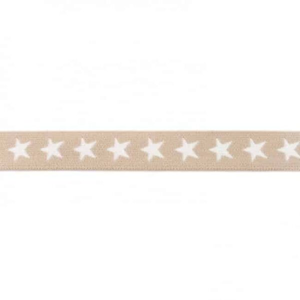 Elastik med stjerner 20mm sand natur 2 cm bred