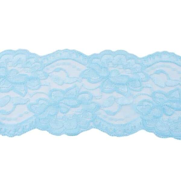Light blue patterned stretch lace trim, 7.8 cm wide