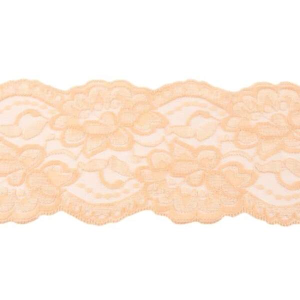 Sand coloured patterned stretch lace trim, 7.8 cm wide