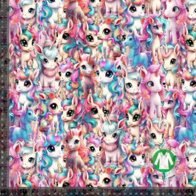 Cotton jersey print with cute unicorns in pink collage, 220 g/m²